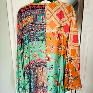 Anthropologie Green and Peach Patterned Blouse